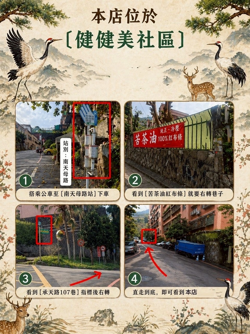 健健美社區內至鹿鶴園的四步驟步行照片指引